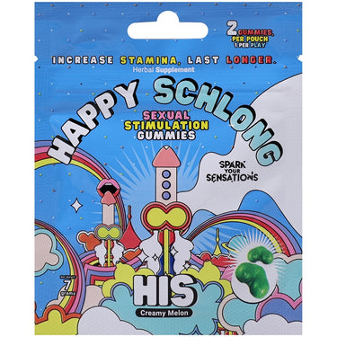 Close-up of Happy Schlong (His) Sexual Stimulation Gummies (2 pack) highlighting the natural ingredients known for boosting libido and enhancing sexual performance.